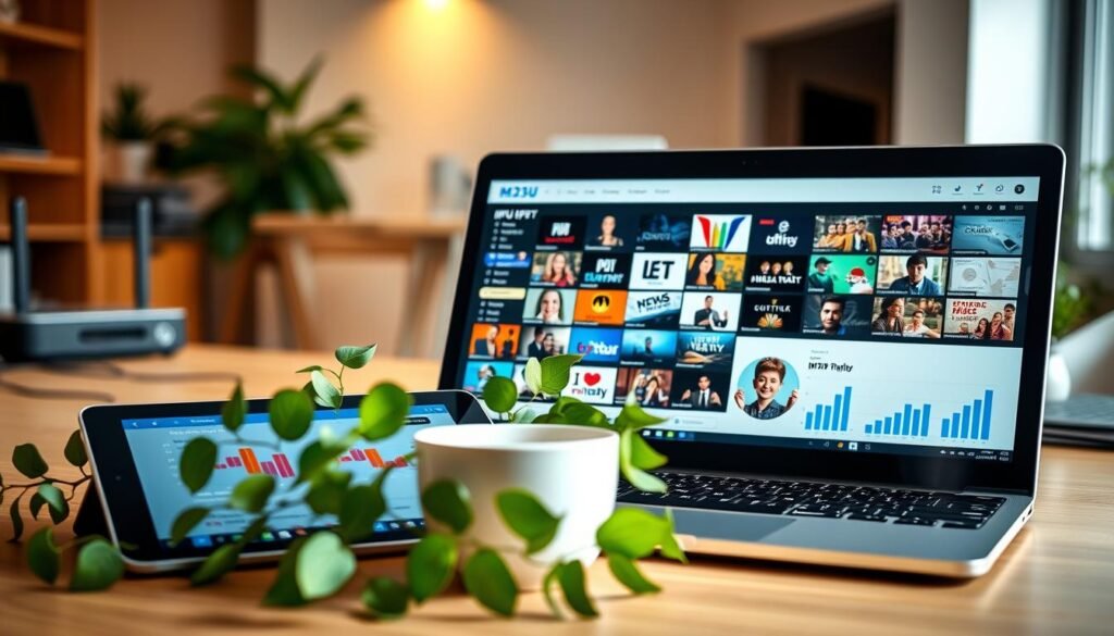 A digital workspace scene showcasing a modern laptop displaying an M3U IPTV playlist on its screen, with vibrant, colorful thumbnails of various channels visible. In the foreground, a high-resolution tablet lies next to the laptop, with graphs and statistics related to IPTV use. The middle features lush green plants and a stylish coffee cup, creating a cozy atmosphere. The background is softly blurred, hinting at a bright office space with subtle hints of technology, like a router and cables, giving a modern feel. Soft, natural lighting enhances the inviting mood, casting gentle shadows, making it look warm and professional. The angle is slightly elevated, focusing on the devices as the main subject, with no text or watermarks present. A digital workspace scene showcasing a modern laptop displaying an M3U IPTV playlist on its screen, with vibrant, colorful thumbnails of various channels visible. In the foreground, a high-resolution tablet lies next to the laptop, with graphs and statistics related to IPTV use. The middle features lush green plants and a stylish coffee cup, creating a cozy atmosphere. The background is softly blurred, hinting at a bright office space with subtle hints of technology, like a router and cables, giving a modern feel. Soft, natural lighting enhances the inviting mood, casting gentle shadows, making it look warm and professional. The angle is slightly elevated, focusing on the devices as the main subject, with no text or watermarks present.