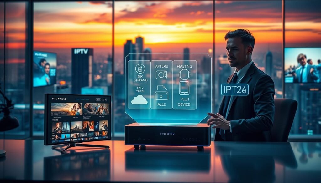 A futuristic office environment depicting the evolution of IPTV in 2026. In the foreground, a sleek, modern IPTV player with a glowing interface showcasing diverse streaming options. In the middle ground, a professional in business attire interacts with a holographic display that illustrates various trends such as 8K streaming, AI recommendations, and multi-device connectivity. The background features a digital cityscape with holographic billboards promoting IPTV services, under a vibrant sunset sky that casts a warm glow. Soft, ambient lighting enhances the innovative atmosphere, while a slight lens flare adds a dynamic touch. The overall mood conveys excitement and advancement in technology, inviting viewers to ponder the future of entertainment.