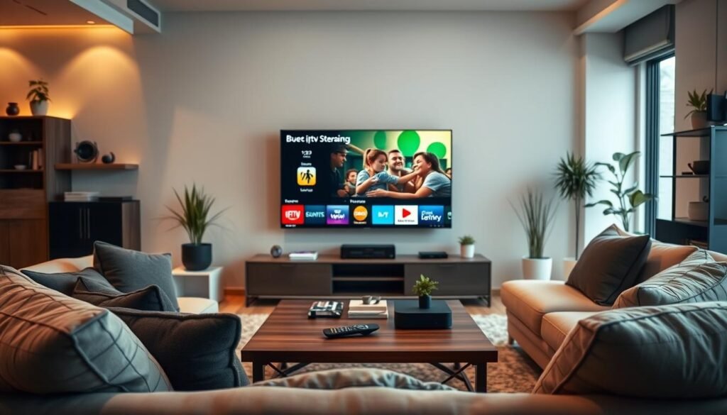 A modern and sleek living room setting focused on a high-tech entertainment center displaying various IPTV service icons on a large flat-screen television. The foreground features a comfortable couch adorned with stylish cushions, while a coffee table showcases a remote control and a few streaming devices, hinting at the IPTV experience. In the middle, the TV is illuminated with vibrant colors from the streaming content, reflecting the innovation of net IPTV. The background includes soft ambient lighting with modern decor elements, such as potted plants and decorative shelves. The scene conveys a warm and inviting atmosphere, ideal for family leisure time, with natural light filtering in from a nearby window, suggesting a cozy yet upscale environment for enjoying digital content. A modern and sleek living room setting focused on a high-tech entertainment center displaying various IPTV service icons on a large flat-screen television. The foreground features a comfortable couch adorned with stylish cushions, while a coffee table showcases a remote control and a few streaming devices, hinting at the IPTV experience. In the middle, the TV is illuminated with vibrant colors from the streaming content, reflecting the innovation of net IPTV. The background includes soft ambient lighting with modern decor elements, such as potted plants and decorative shelves. The scene conveys a warm and inviting atmosphere, ideal for family leisure time, with natural light filtering in from a nearby window, suggesting a cozy yet upscale environment for enjoying digital content.
