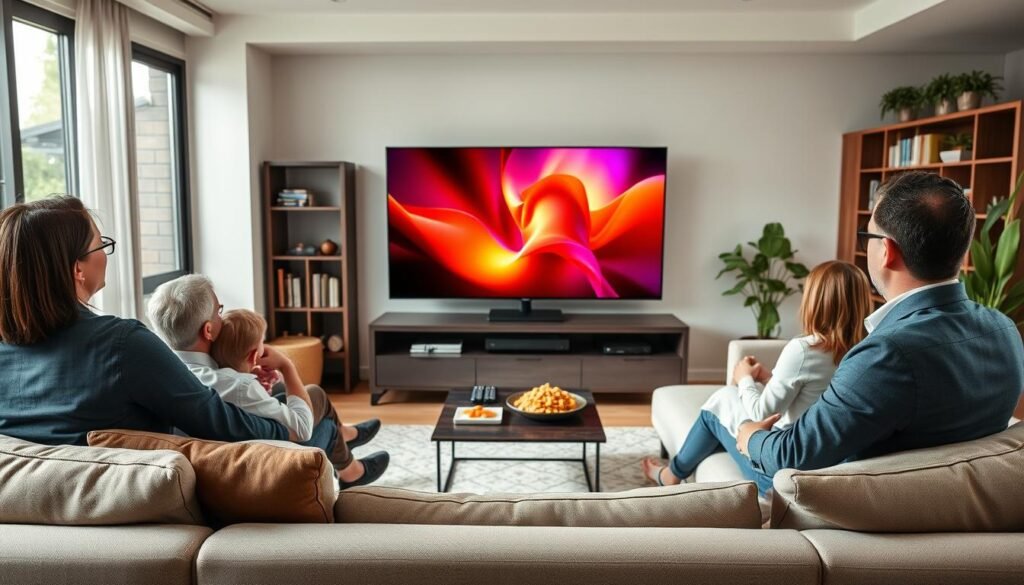 A modern living room featuring a large flat-screen television displaying a vibrant live IPTV broadcast. In the foreground, a comfortable sofa with neatly arranged cushions invites viewers to sit. A family of three, dressed in professional attire, watches the screen intently, embodying a sense of togetherness and engagement. The middle ground includes a stylish coffee table with snacks and remote controls, adding a casual touch to the professional setting. The background reveals a cozy bookshelf filled with books and some indoor plants, creating a warm and inviting atmosphere. Soft, natural lighting from a nearby window highlights the scene, and the overall mood is one of enjoyment and responsible media consumption, emphasizing ethical usage of IPTV services. A modern living room featuring a large flat-screen television displaying a vibrant live IPTV broadcast. In the foreground, a comfortable sofa with neatly arranged cushions invites viewers to sit. A family of three, dressed in professional attire, watches the screen intently, embodying a sense of togetherness and engagement. The middle ground includes a stylish coffee table with snacks and remote controls, adding a casual touch to the professional setting. The background reveals a cozy bookshelf filled with books and some indoor plants, creating a warm and inviting atmosphere. Soft, natural lighting from a nearby window highlights the scene, and the overall mood is one of enjoyment and responsible media consumption, emphasizing ethical usage of IPTV services.