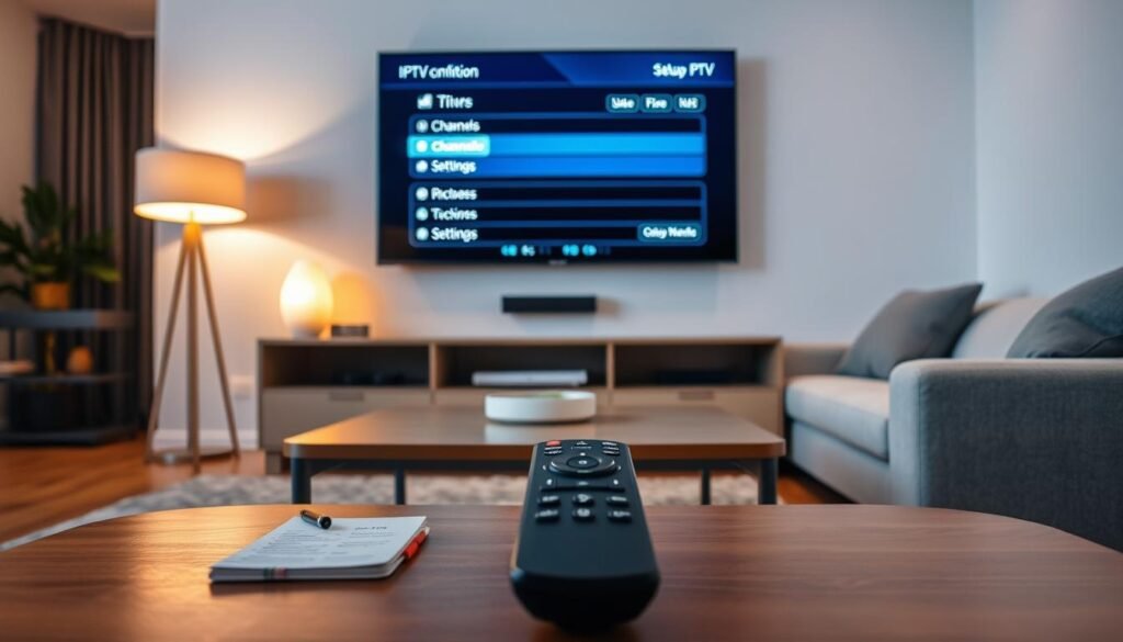A modern living room featuring a sleek Smart TV displaying an IPTV configuration screen. In the foreground, a stylish coffee table holds a remote control and a small notebook with notes on setup. The middle space shows the Smart TV mounted on a minimalist wall, showing a user-friendly interface with IPTV options like channels and settings. Soft ambient lighting creates a cozy atmosphere, with a warm glow from a nearby lamp. In the background, a plush sofa adds comfort, and the overall scene is inviting and tech-savvy, illustrating the ease of configuring IPTV. The angle is slightly lower than eye level, enhancing the focus on the TV screen and creating a sense of engagement. A modern living room featuring a sleek Smart TV displaying an IPTV configuration screen. In the foreground, a stylish coffee table holds a remote control and a small notebook with notes on setup. The middle space shows the Smart TV mounted on a minimalist wall, showing a user-friendly interface with IPTV options like channels and settings. Soft ambient lighting creates a cozy atmosphere, with a warm glow from a nearby lamp. In the background, a plush sofa adds comfort, and the overall scene is inviting and tech-savvy, illustrating the ease of configuring IPTV. The angle is slightly lower than eye level, enhancing the focus on the TV screen and creating a sense of engagement.