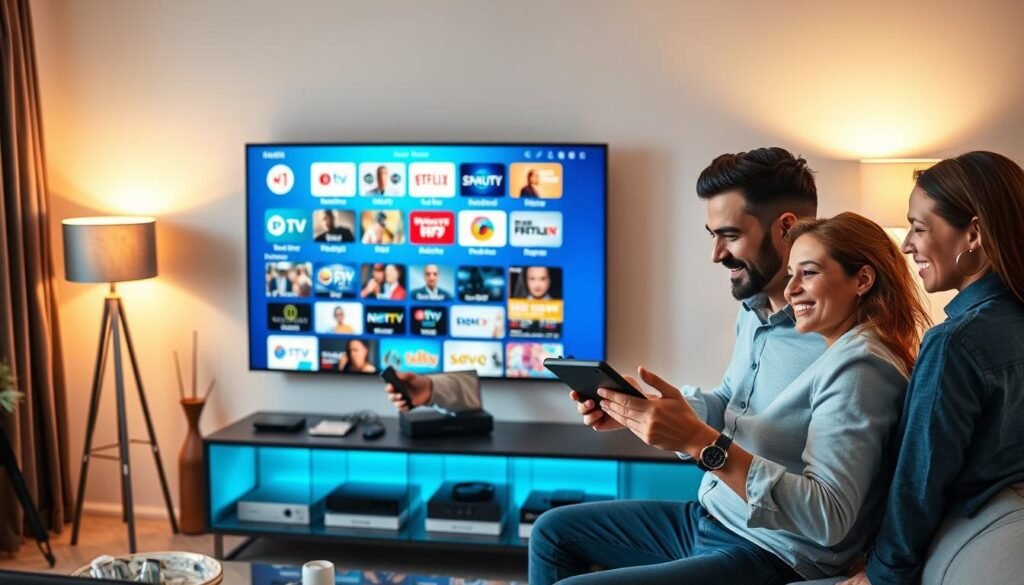 A modern living room scene featuring a sleek flat-screen TV displaying the interface of "mytvonline 2," showcasing a vibrant selection of live TV channels and streaming options. In the foreground, a couple of diverse users, a man and a woman, are engaging with the remote control and tablet, showcasing excitement and satisfaction. Both are dressed in casual, professional attire to reflect a modern lifestyle. The middle ground includes a stylish entertainment unit with various streaming devices and décor elements that enhance a cozy atmosphere. The background features a warm, ambient light from stylish lamps, complemented by soft natural light streaming through a window, creating a welcoming and engaging mood that reflects user experience and satisfaction with the service. A modern living room scene featuring a sleek flat-screen TV displaying the interface of "mytvonline 2," showcasing a vibrant selection of live TV channels and streaming options. In the foreground, a couple of diverse users, a man and a woman, are engaging with the remote control and tablet, showcasing excitement and satisfaction. Both are dressed in casual, professional attire to reflect a modern lifestyle. The middle ground includes a stylish entertainment unit with various streaming devices and décor elements that enhance a cozy atmosphere. The background features a warm, ambient light from stylish lamps, complemented by soft natural light streaming through a window, creating a welcoming and engaging mood that reflects user experience and satisfaction with the service.