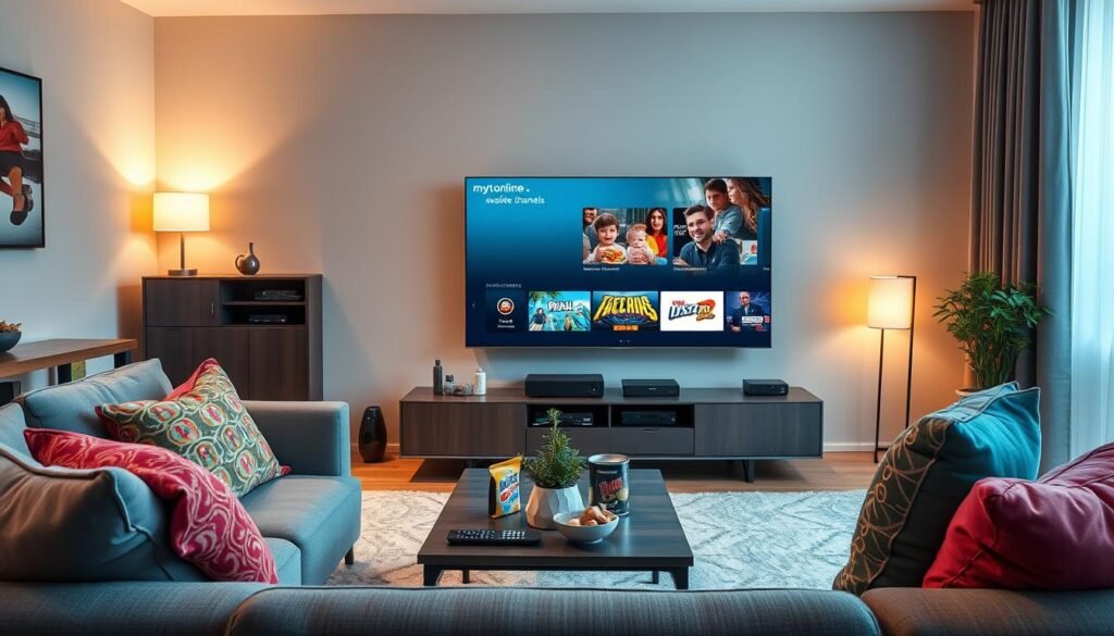 A modern living room scene showcasing a sleek, large-screen television displaying the "mytvonline 2" interface, featuring two available channels prominently highlighted. In the foreground, a cozy sofa adorned with colorful cushions invites viewers to relax, while a stylish coffee table holds snacks and a remote control. In the middle, a stylish entertainment unit houses streaming devices and a small plant for a touch of greenery. The background presents a well-lit room with soft ambient lighting, enhancing the inviting atmosphere. A window displays a hint of natural light streaming in, suggesting a comfortable indoor environment for enjoying live TV. The overall mood is relaxed and engaging, perfect for families and individuals ready to dive into their favorite shows. A modern living room scene showcasing a sleek, large-screen television displaying the "mytvonline 2" interface, featuring two available channels prominently highlighted. In the foreground, a cozy sofa adorned with colorful cushions invites viewers to relax, while a stylish coffee table holds snacks and a remote control. In the middle, a stylish entertainment unit houses streaming devices and a small plant for a touch of greenery. The background presents a well-lit room with soft ambient lighting, enhancing the inviting atmosphere. A window displays a hint of natural light streaming in, suggesting a comfortable indoor environment for enjoying live TV. The overall mood is relaxed and engaging, perfect for families and individuals ready to dive into their favorite shows.