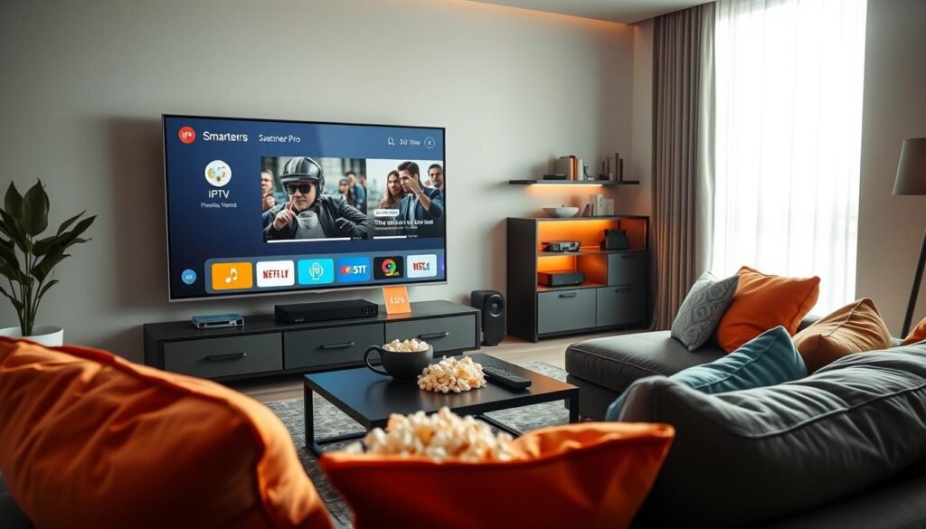 A modern living room setting, showcasing a sleek, large flat-screen TV displaying the IPTV Smarters Pro interface. In the foreground, a comfortable sofa adorned with vibrant cushions invites viewers to sit back and enjoy. A stylish coffee table rests beside the sofa, holding popcorn and a remote control, emphasizing a cozy viewing atmosphere. In the middle ground, a stylish entertainment unit displays various media devices, illuminated by soft ambient lighting that enhances the inviting mood of the space. The background features a large window with natural light streaming in, enhancing the warm and welcoming atmosphere. The angle is slightly tilted, capturing the full richness of the room while maintaining focus on the display screen, illustrating how IPTV elevates the streaming experience. A modern living room setting, showcasing a sleek, large flat-screen TV displaying the IPTV Smarters Pro interface. In the foreground, a comfortable sofa adorned with vibrant cushions invites viewers to sit back and enjoy. A stylish coffee table rests beside the sofa, holding popcorn and a remote control, emphasizing a cozy viewing atmosphere. In the middle ground, a stylish entertainment unit displays various media devices, illuminated by soft ambient lighting that enhances the inviting mood of the space. The background features a large window with natural light streaming in, enhancing the warm and welcoming atmosphere. The angle is slightly tilted, capturing the full richness of the room while maintaining focus on the display screen, illustrating how IPTV elevates the streaming experience.