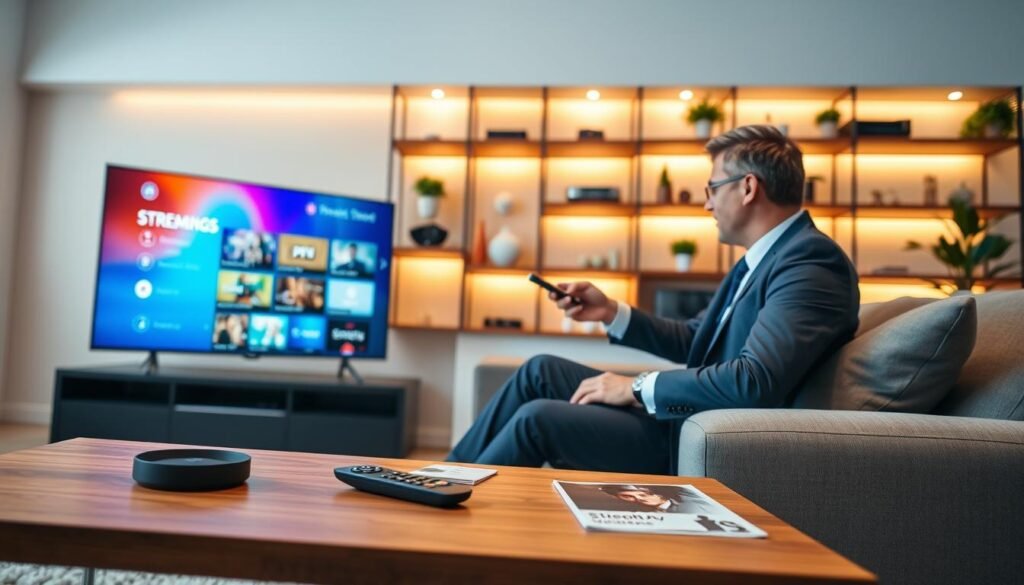 A modern living room showcasing a sleek Smart TV prominently displaying a vibrant digital interface for IPTV services. In the foreground, a stylish wooden coffee table features a remote control and a couple of streaming service guides. The middle ground boasts a plush sofa where a person in professional business attire is intently navigating the IPTV menu using the remote, reflecting engagement with the technology. The background includes shelves with neatly arranged tech gadgets and decorative plants, illuminated by soft, warm ambient lighting that creates a cozy atmosphere. The image captures a feeling of innovation and comfort, combining modern technology with a relaxed home environment. The angle should be slightly elevated to provide a comprehensive view of the Smart TV and the user’s interaction. A modern living room showcasing a sleek Smart TV prominently displaying a vibrant digital interface for IPTV services. In the foreground, a stylish wooden coffee table features a remote control and a couple of streaming service guides. The middle ground boasts a plush sofa where a person in professional business attire is intently navigating the IPTV menu using the remote, reflecting engagement with the technology. The background includes shelves with neatly arranged tech gadgets and decorative plants, illuminated by soft, warm ambient lighting that creates a cozy atmosphere. The image captures a feeling of innovation and comfort, combining modern technology with a relaxed home environment. The angle should be slightly elevated to provide a comprehensive view of the Smart TV and the user’s interaction.