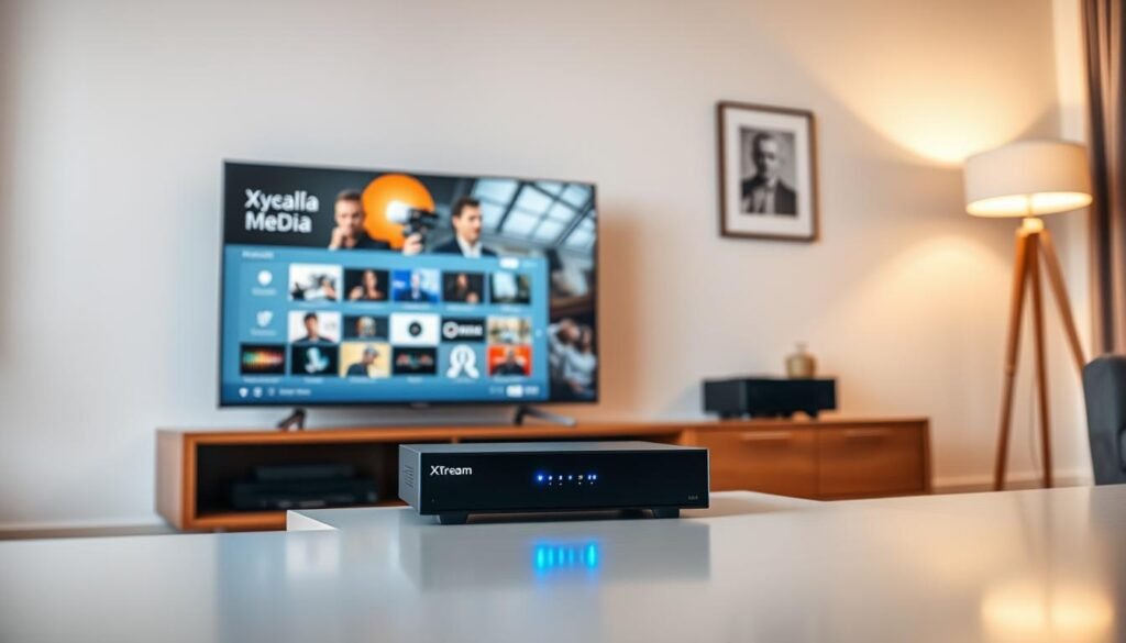 A sleek, modern living room featuring a contemporary entertainment setup, prominently displaying an Xtream IPTV player on a stylish wooden console. In the foreground, a high-definition flat-screen TV shows an interface with well-organized media options. In the middle, the IPTV player glows softly with LED indicators, suggesting connectivity and functionality. The background includes cozy, light-colored walls adorned with minimalist artwork and a soft, ambient light from a standing lamp, creating a warm atmosphere. The scene is captured from a slightly elevated angle, emphasizing the player and its compatibility with various devices. The overall mood conveys advanced technology integrated into a comfortable home environment, appealing to tech-savvy users.