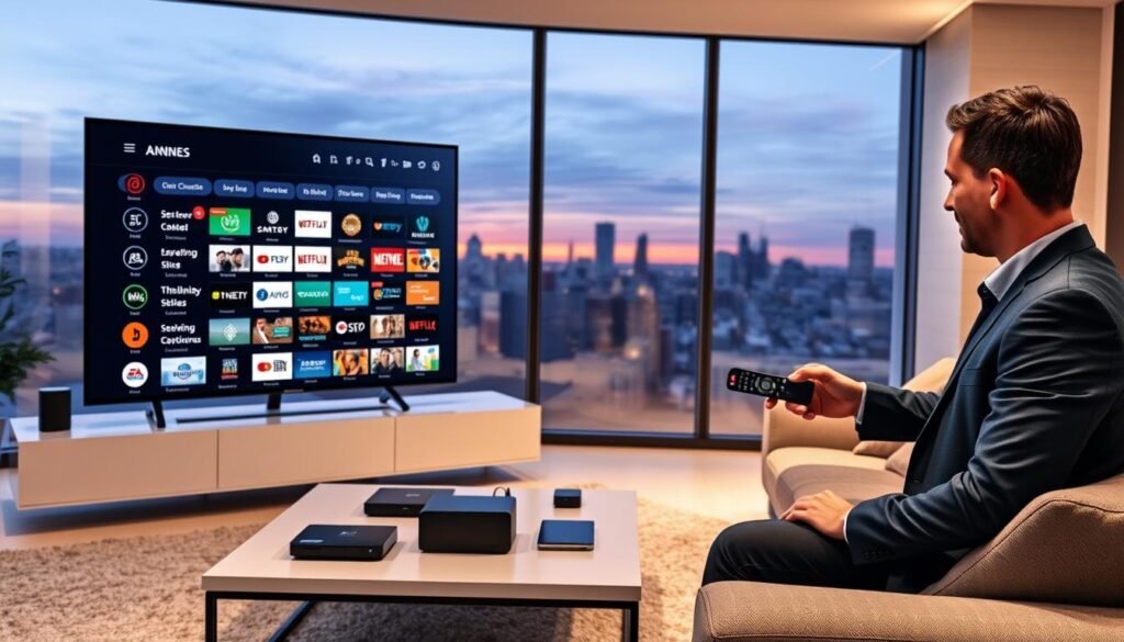 A sleek, modern living room setting featuring a large flat-screen TV displaying the IPTV Smarters Pro interface, showcasing various organized channel lists. In the foreground, a professional individual in business attire is interacting with a remote control, engrossed in selecting channels. The middle ground includes a stylish coffee table with a laptop and a few streaming devices, while soft lighting casts a warm glow, enhancing the inviting atmosphere. The background displays a large window with a view of a cityscape at dusk, providing an urban touch. The overall mood is focused and professional, illustrating the seamless experience of curating personal entertainment with IPTV Smarters Pro. A sleek, modern living room setting featuring a large flat-screen TV displaying the IPTV Smarters Pro interface, showcasing various organized channel lists. In the foreground, a professional individual in business attire is interacting with a remote control, engrossed in selecting channels. The middle ground includes a stylish coffee table with a laptop and a few streaming devices, while soft lighting casts a warm glow, enhancing the inviting atmosphere. The background displays a large window with a view of a cityscape at dusk, providing an urban touch. The overall mood is focused and professional, illustrating the seamless experience of curating personal entertainment with IPTV Smarters Pro.