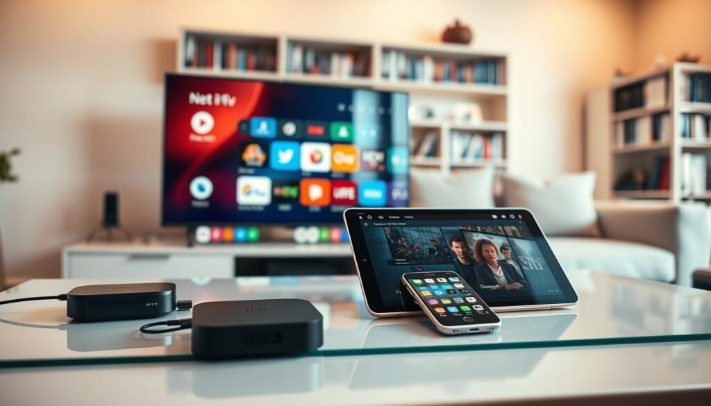 An assortment of modern net IPTV compatible devices arranged aesthetically on a sleek, polished table. The foreground features a smart TV displaying a vibrant, colorful interface with various streaming icons. To the left, a compact streaming device is connected to the TV, showcasing its sleek design. In the middle ground, an elegant tablet and smartphone rest side by side, displaying a streaming app, surrounded by a cozy living room setup with a soft sofa and dim ambient lighting. The background features a softly blurred bookshelf filled with DVDs and books, creating a homey yet tech-savvy atmosphere. The overall mood is inviting and modern, emphasizing convenience and entertainment in a contemporary living space, captured with a warm, soft focus lens effect. An assortment of modern net IPTV compatible devices arranged aesthetically on a sleek, polished table. The foreground features a smart TV displaying a vibrant, colorful interface with various streaming icons. To the left, a compact streaming device is connected to the TV, showcasing its sleek design. In the middle ground, an elegant tablet and smartphone rest side by side, displaying a streaming app, surrounded by a cozy living room setup with a soft sofa and dim ambient lighting. The background features a softly blurred bookshelf filled with DVDs and books, creating a homey yet tech-savvy atmosphere. The overall mood is inviting and modern, emphasizing convenience and entertainment in a contemporary living space, captured with a warm, soft focus lens effect.