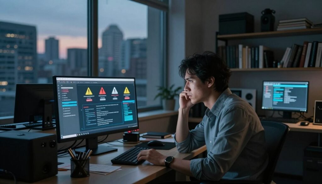 A dramatic office environment illustrating the risks associated with free IPTV codes in 2026. In the foreground, a concerned business professional in smart casual attire sits at a cluttered desk, looking at a computer screen displaying warning symbols and digital threats, such as malware and phishing alerts. In the middle, a large window reflects a city skyline at dusk, with moody lighting casting shadows across the room, adding a tense atmosphere. In the background, shelves filled with technology books and a few outdated devices hint at the rapid evolution of digital security threats. The overall mood conveys urgency and caution, emphasizing the potential dangers of using free IPTV listings. A dramatic office environment illustrating the risks associated with free IPTV codes in 2026. In the foreground, a concerned business professional in smart casual attire sits at a cluttered desk, looking at a computer screen displaying warning symbols and digital threats, such as malware and phishing alerts. In the middle, a large window reflects a city skyline at dusk, with moody lighting casting shadows across the room, adding a tense atmosphere. In the background, shelves filled with technology books and a few outdated devices hint at the rapid evolution of digital security threats. The overall mood conveys urgency and caution, emphasizing the potential dangers of using free IPTV listings.