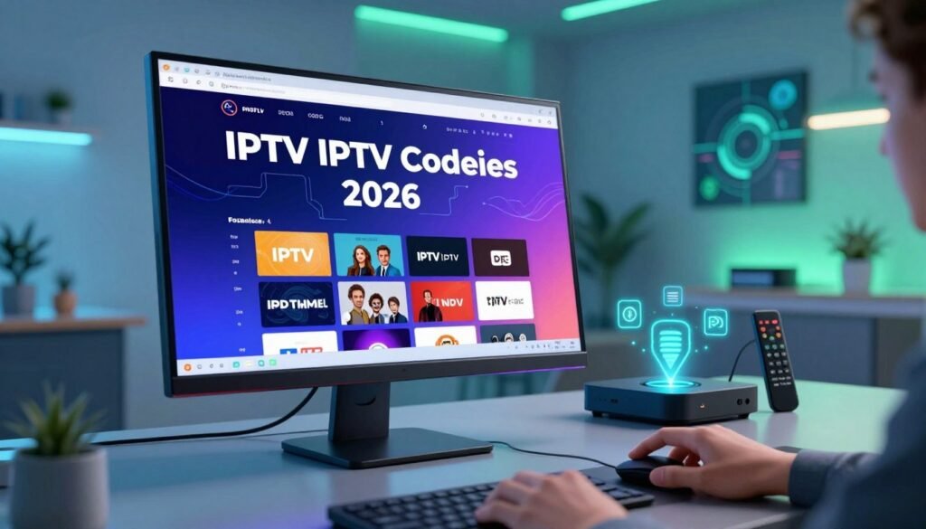 A dynamic digital illustration showcasing the concept of free IPTV code downloads for 2026. In the foreground, a sleek computer monitor displays a vibrant, colorful interface featuring IPTV channels, emphasizing technology and modernity. A hand hovers over a mouse, suggesting interaction with the screen. The middle ground includes an array of IPTV-related devices like a streaming box and remote controls, embellished with glowing icons symbolizing various channels. The background is a futuristic room with soft blue and green ambient lighting, sleek furniture, and abstract tech-themed wall art, creating a tech-savvy atmosphere. The composition should evoke excitement and innovation, with a crisp focus on the monitor while softly blurring the background for depth. A dynamic digital illustration showcasing the concept of free IPTV code downloads for 2026. In the foreground, a sleek computer monitor displays a vibrant, colorful interface featuring IPTV channels, emphasizing technology and modernity. A hand hovers over a mouse, suggesting interaction with the screen. The middle ground includes an array of IPTV-related devices like a streaming box and remote controls, embellished with glowing icons symbolizing various channels. The background is a futuristic room with soft blue and green ambient lighting, sleek furniture, and abstract tech-themed wall art, creating a tech-savvy atmosphere. The composition should evoke excitement and innovation, with a crisp focus on the monitor while softly blurring the background for depth.