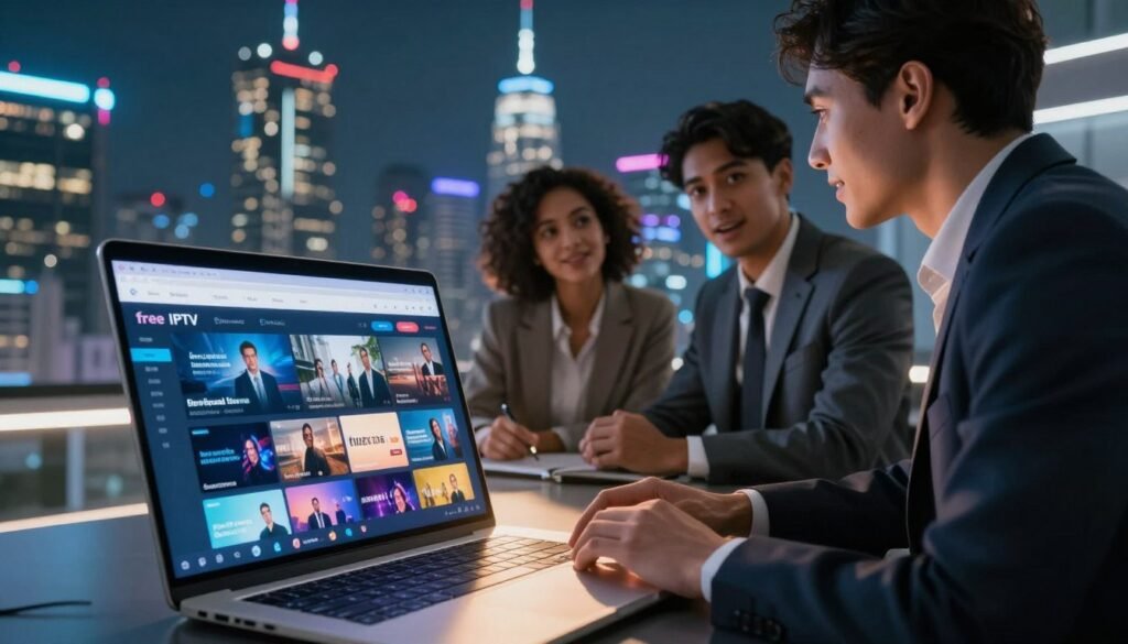 A futuristic digital landscape representing free IPTV access in 2026, with a focus on advanced technology. In the foreground, a sleek laptop displays vibrant streaming content, reflecting diverse channels. The middle ground features a diverse group of three professional individuals (two men and one woman) in smart business attire, engaged in a discussion about IPTV services, their expressions enthusiastic and focused. The background showcases a visually stunning city skyline, illuminated by soft neon lights that symbolize connectivity and innovation. The atmosphere is optimistic and inspiring, with a warm glow from the laptop screen casting gentle light on the faces of the individuals. Use high contrast lighting to emphasize the focus on the laptop and its screen. The angle should be slightly above eye level, capturing both the people and the technology effectively. A futuristic digital landscape representing free IPTV access in 2026, with a focus on advanced technology. In the foreground, a sleek laptop displays vibrant streaming content, reflecting diverse channels. The middle ground features a diverse group of three professional individuals (two men and one woman) in smart business attire, engaged in a discussion about IPTV services, their expressions enthusiastic and focused. The background showcases a visually stunning city skyline, illuminated by soft neon lights that symbolize connectivity and innovation. The atmosphere is optimistic and inspiring, with a warm glow from the laptop screen casting gentle light on the faces of the individuals. Use high contrast lighting to emphasize the focus on the laptop and its screen. The angle should be slightly above eye level, capturing both the people and the technology effectively.
