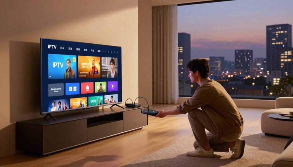 A modern, high-tech living room setup showcasing IPTV installation. In the foreground, a sleek, smart TV displaying a vibrant IPTV interface with various channel options. Beside it, a stylish media console with streaming devices and cables neatly organized. In the middle, a person in smart casual attire is connecting the IPTV service to the TV, focused on their task. The warm ambient lighting creates a cozy atmosphere, while a large window in the background reveals a cityscape during twilight, adding a touch of urban sophistication. The angle should be slightly elevated, offering a clear view of the installation process while highlighting the contemporary decor of the room. Soft shadows enhance the depth and warm mood of the scene. A modern, high-tech living room setup showcasing IPTV installation. In the foreground, a sleek, smart TV displaying a vibrant IPTV interface with various channel options. Beside it, a stylish media console with streaming devices and cables neatly organized. In the middle, a person in smart casual attire is connecting the IPTV service to the TV, focused on their task. The warm ambient lighting creates a cozy atmosphere, while a large window in the background reveals a cityscape during twilight, adding a touch of urban sophistication. The angle should be slightly elevated, offering a clear view of the installation process while highlighting the contemporary decor of the room. Soft shadows enhance the depth and warm mood of the scene.