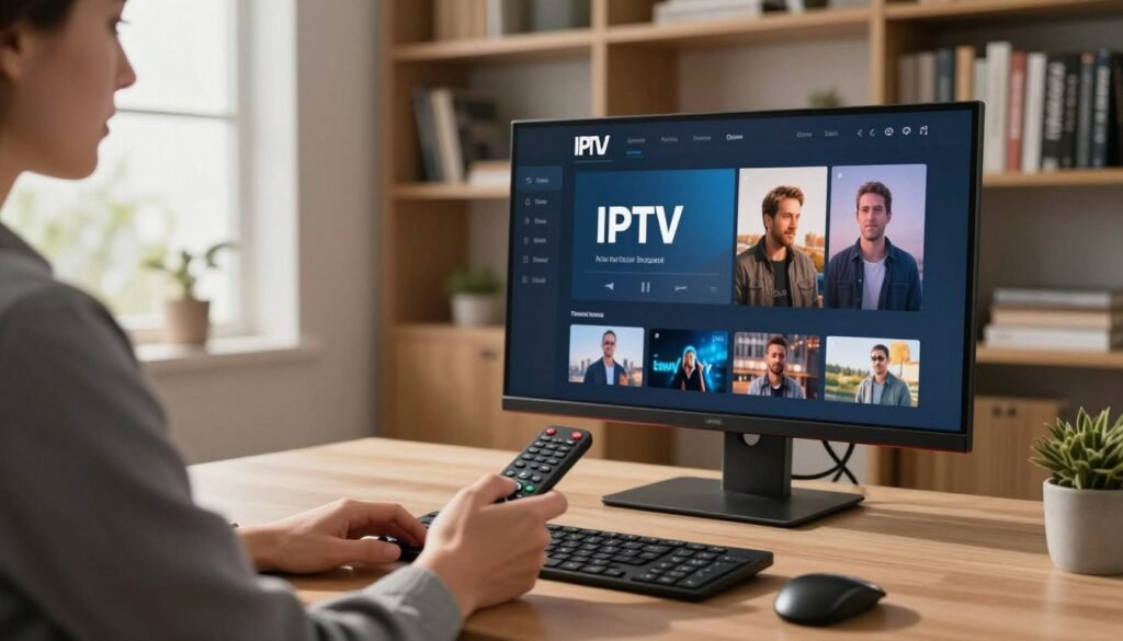 A modern home office setting with a sleek desk and a large monitor displaying an IPTV interface. In the foreground, a person in professional attire is engaged in optimizing their IPTV settings, using an intuitive remote control. The middle ground features a large bookshelf filled with technology and media guides, emphasizing knowledge and best practices for IPTV use. In the background, a window lets in natural light, casting a warm glow over the scene, creating a welcoming atmosphere. The overall mood is focused and professional, highlighting the theme of effective IPTV practices. The image should be well-lit, with soft shadows to enhance depth and perspective while maintaining a clean and organized look. A modern home office setting with a sleek desk and a large monitor displaying an IPTV interface. In the foreground, a person in professional attire is engaged in optimizing their IPTV settings, using an intuitive remote control. The middle ground features a large bookshelf filled with technology and media guides, emphasizing knowledge and best practices for IPTV use. In the background, a window lets in natural light, casting a warm glow over the scene, creating a welcoming atmosphere. The overall mood is focused and professional, highlighting the theme of effective IPTV practices. The image should be well-lit, with soft shadows to enhance depth and perspective while maintaining a clean and organized look.