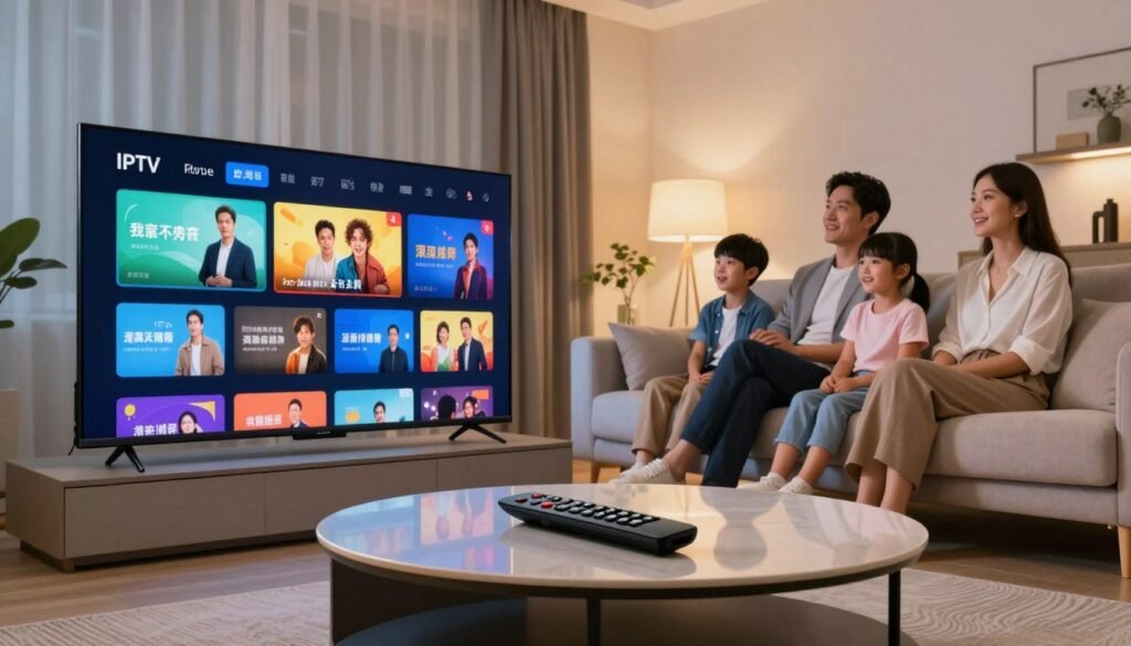 A modern living room scene showcasing a high-quality IPTV service experience. In the foreground, a sleek smart TV displays a vibrant array of colorful streaming options on the screen, with a remote control resting on a stylish coffee table. In the middle ground, a relaxed family of four—two adults in professional attire and two children in casual but neat clothing—sit on a plush sofa, engaged in watching their favorite show, with expressions of enjoyment and excitement. The background features soft ambient lighting, highlighting contemporary decor with a minimalistic design. The atmosphere is inviting and cozy, emphasizing a blend of technology and family leisure, captured from a slight low angle to showcase the TV centerpiece in the scene. A modern living room scene showcasing a high-quality IPTV service experience. In the foreground, a sleek smart TV displays a vibrant array of colorful streaming options on the screen, with a remote control resting on a stylish coffee table. In the middle ground, a relaxed family of four—two adults in professional attire and two children in casual but neat clothing—sit on a plush sofa, engaged in watching their favorite show, with expressions of enjoyment and excitement. The background features soft ambient lighting, highlighting contemporary decor with a minimalistic design. The atmosphere is inviting and cozy, emphasizing a blend of technology and family leisure, captured from a slight low angle to showcase the TV centerpiece in the scene.