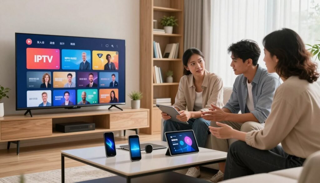 A modern living room setting, featuring a sleek television displaying a visually appealing IPTV interface, with vibrant colors and an organized layout of channels. In the foreground, a stylish coffee table holds various smart devices, symbolizing the integration of technology. In the middle ground, a diverse group of three professionals—two men and one woman—are engaged in a focused discussion, dressed in smart casual attire. They are analyzing the IPTV options on a tablet. Soft, natural light filters in from a large window, creating a warm and inviting atmosphere. The background features a tasteful bookshelf and a potted plant, contributing to a sense of security and professionalism, highlighting the theme of safe IPTV usage. A modern living room setting, featuring a sleek television displaying a visually appealing IPTV interface, with vibrant colors and an organized layout of channels. In the foreground, a stylish coffee table holds various smart devices, symbolizing the integration of technology. In the middle ground, a diverse group of three professionals—two men and one woman—are engaged in a focused discussion, dressed in smart casual attire. They are analyzing the IPTV options on a tablet. Soft, natural light filters in from a large window, creating a warm and inviting atmosphere. The background features a tasteful bookshelf and a potted plant, contributing to a sense of security and professionalism, highlighting the theme of safe IPTV usage.