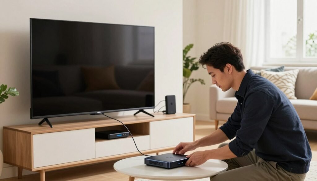 A modern living room setup showcasing the installation of an IPTV service in France. In the foreground, a professional technician, dressed in smart casual attire, is thoughtfully configuring a sleek digital device connected to a large flat-screen TV. The middle ground features a stylish entertainment unit with various streaming devices and cables neatly organized. Soft, natural lighting from a nearby window illuminates the space, creating a warm and inviting atmosphere. In the background, a cozy couch is adorned with decorative pillows, with a hint of greenery from houseplants peeking in. The scene conveys a sense of modern technology effortlessly integrating into daily life, radiating comfort and functionality. A modern living room setup showcasing the installation of an IPTV service in France. In the foreground, a professional technician, dressed in smart casual attire, is thoughtfully configuring a sleek digital device connected to a large flat-screen TV. The middle ground features a stylish entertainment unit with various streaming devices and cables neatly organized. Soft, natural lighting from a nearby window illuminates the space, creating a warm and inviting atmosphere. In the background, a cozy couch is adorned with decorative pillows, with a hint of greenery from houseplants peeking in. The scene conveys a sense of modern technology effortlessly integrating into daily life, radiating comfort and functionality.