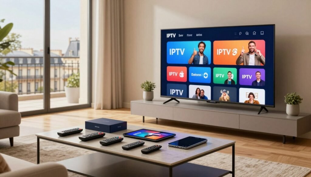 A visually striking representation of IPTV services in France, featuring a modern living room setting as the foreground, with a sleek flat-screen TV displaying a vibrant streaming interface. In the middle ground, include a stylish coffee table with an array of remote controls and devices symbolizing various IPTV offers, such as boxes and tablets. The background shows a large window revealing a scenic view of Parisian architecture to evoke a sense of location. Use warm, inviting lighting to create an atmosphere of comfort and digital connectivity. The angle should be slightly elevated, emphasizing the room's inviting ambiance. Focus on a contemporary design that conveys a sophisticated yet relaxed mood, suitable for a tech-savvy audience. A visually striking representation of IPTV services in France, featuring a modern living room setting as the foreground, with a sleek flat-screen TV displaying a vibrant streaming interface. In the middle ground, include a stylish coffee table with an array of remote controls and devices symbolizing various IPTV offers, such as boxes and tablets. The background shows a large window revealing a scenic view of Parisian architecture to evoke a sense of location. Use warm, inviting lighting to create an atmosphere of comfort and digital connectivity. The angle should be slightly elevated, emphasizing the room's inviting ambiance. Focus on a contemporary design that conveys a sophisticated yet relaxed mood, suitable for a tech-savvy audience.